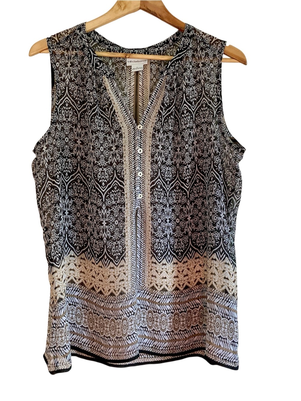 Liz Claiborne Sleeveless Blouse Large Boho Floral Print Button Front Flowy Top